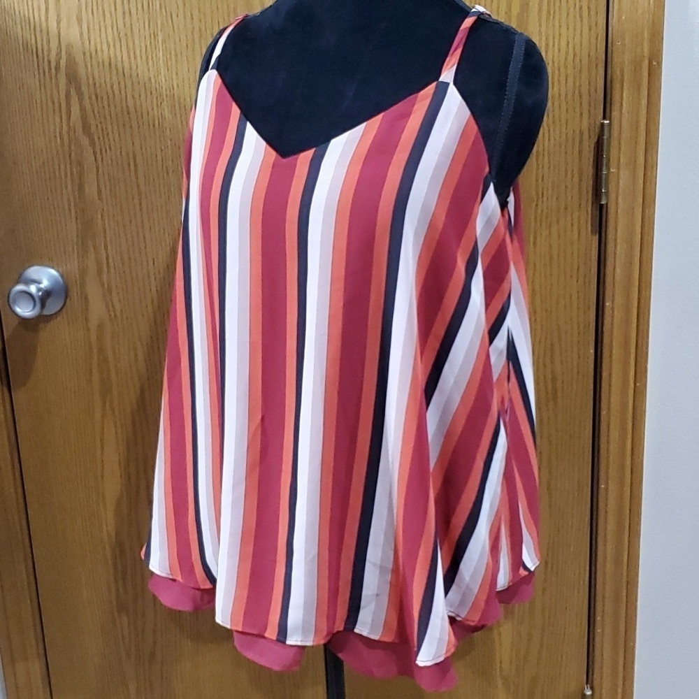 Torrid striped layered adjustable strap flutter tank top euc orange red black